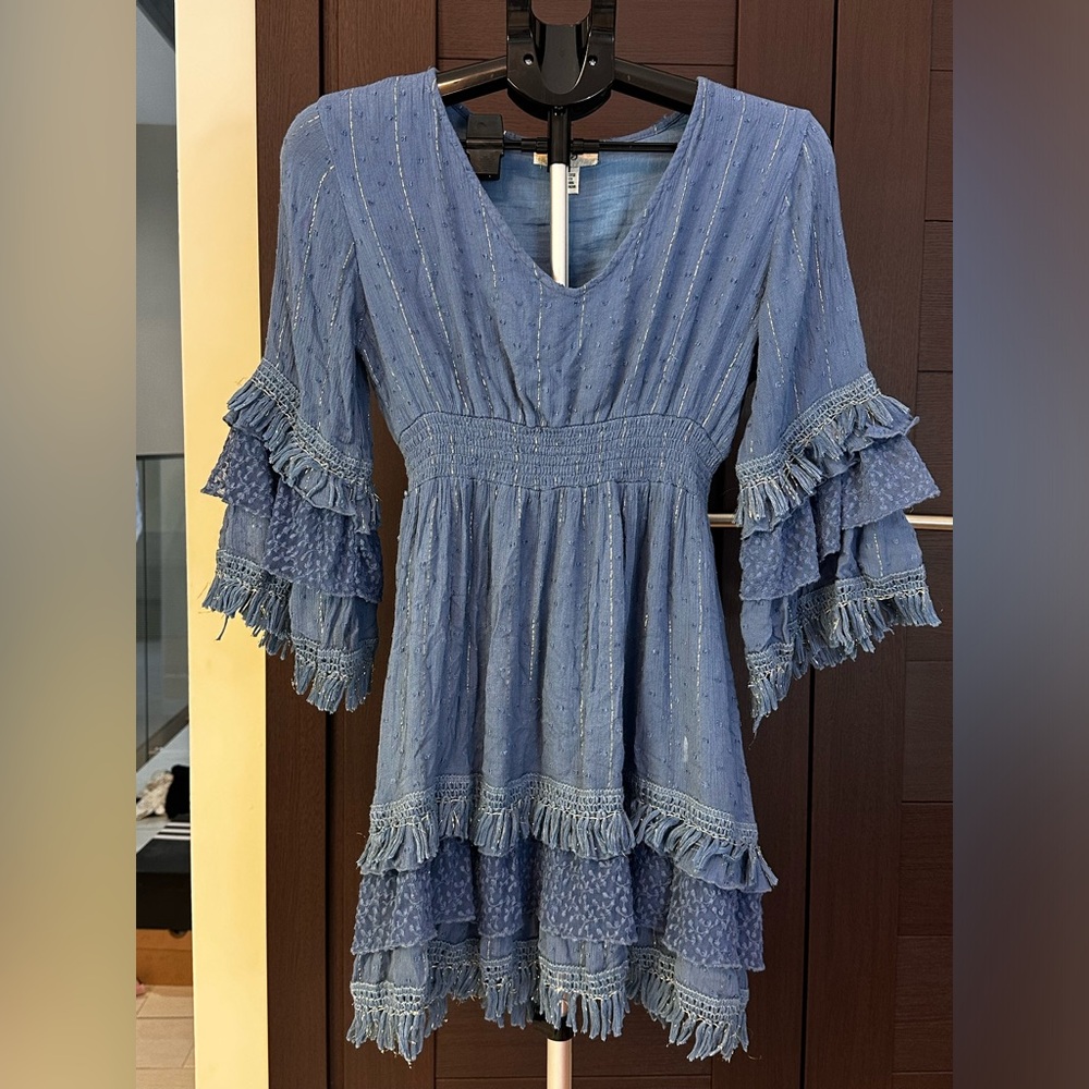 Blue Ruffled V-Neck Dress - Picture 3 of 7